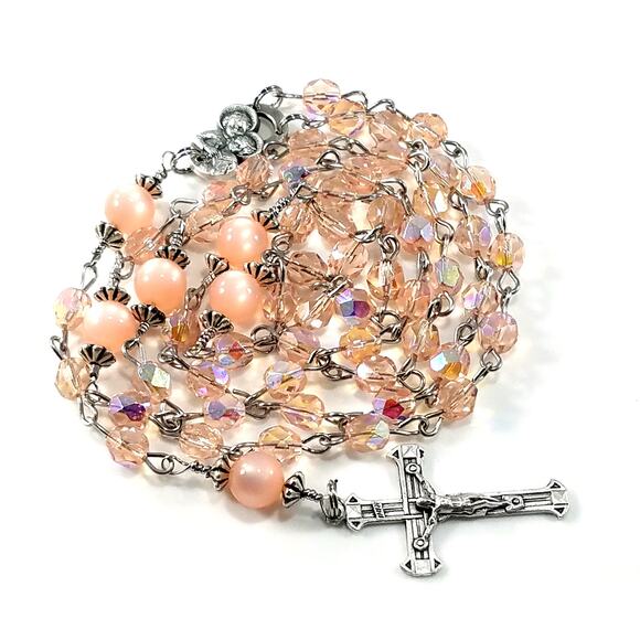 Handmade Pink Five Decade Rosary, Stainless Steel Wire, Vintage Moonglow Beads - Picture 2 of 10